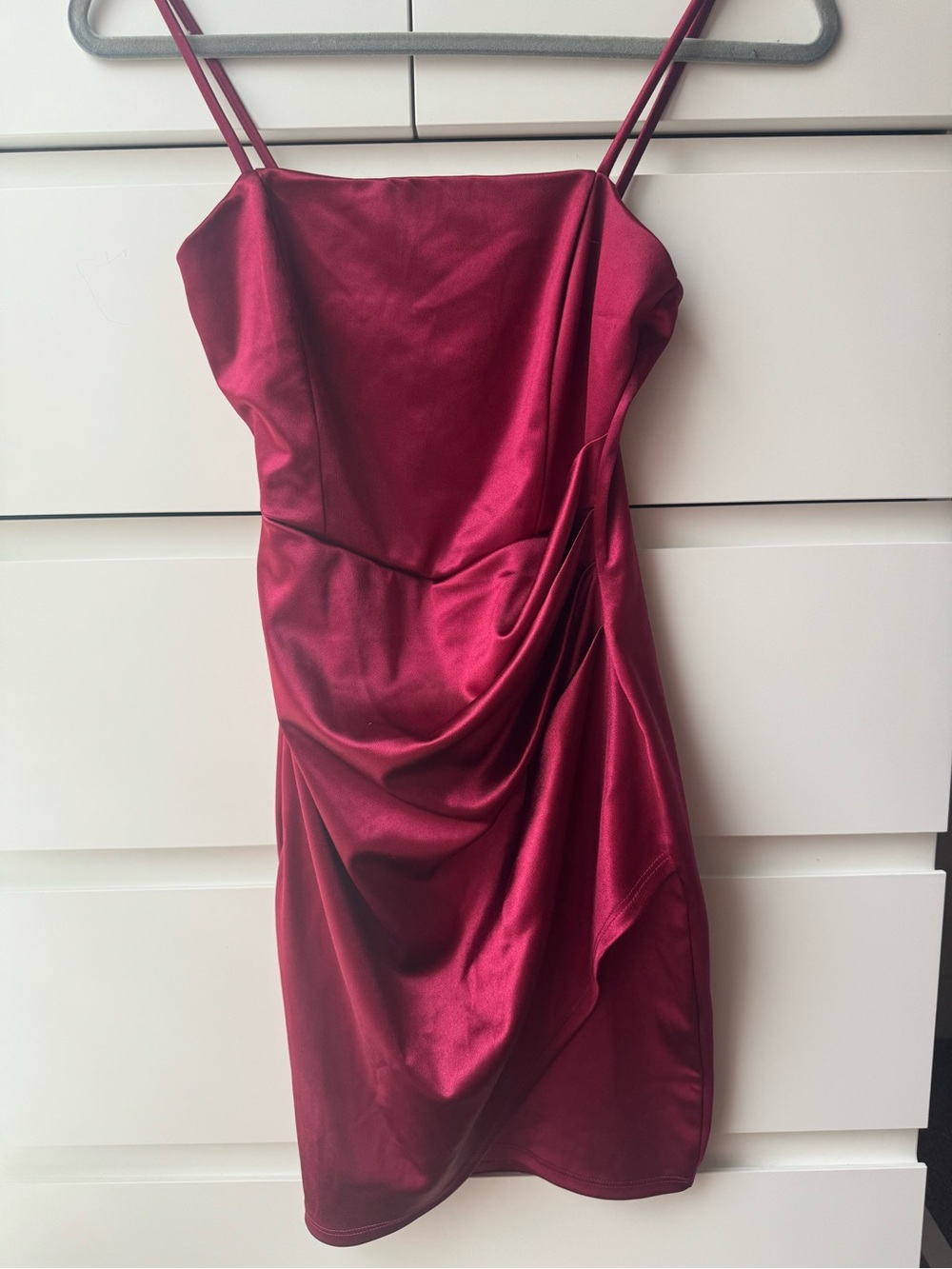 Windsor Satin Spaghetti-Strap Mini Dress in Burgundy